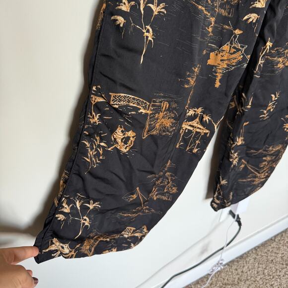 MNG Pants Womens XS Black Gold Asian Print Trouser Boho Silky High Waist Lounge - Picture 7 of 8